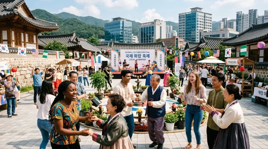 다양한 국적의 외국인 인재들이 한국인 지역 주민들과 함께 지역 축제에 참여하여 활기차게 소통하고 즐거워하는 모습. 전통 한옥과 현대 건물이 어우러진 배경에 자연 친화적인 요소들이 보인다. 모두가 즐거운 표정이다.
