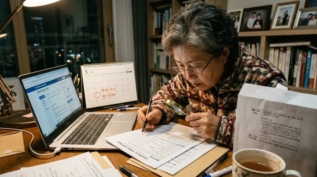 한국인 학부모가 노트북 앞에 앉아 돋보기를 들고 복잡한 신청 서류와 지침을 꼼꼼히 확인하는 모습, 옆에는 탁상 달력이 펼쳐져 신청 마감일이 표시되어 있다.