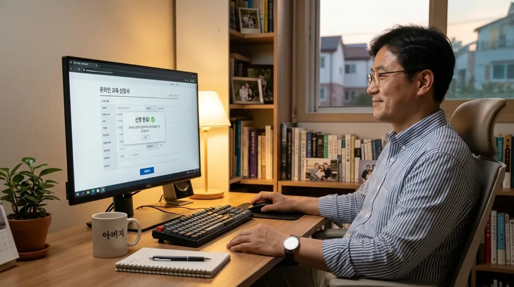 한국인 학부모가 컴퓨터 화면에 띄워진 온라인 신청 양식을 침착하게 작성하고 제출 버튼을 누르는 모습, 오류 메시지 대신 '신청 완료' 팝업창이 보인다.