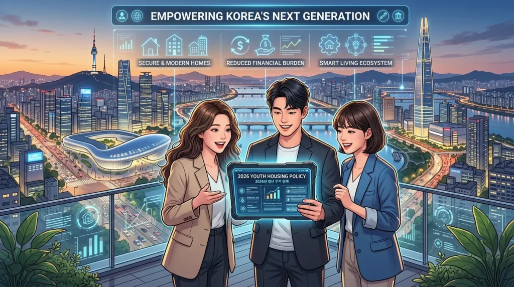 현대적인 서울의 도시 풍경을 담은 전문적인 인포그래픽으로, 젊은 한국 직장인들이 '2026 청년 주택 정책'이 표시된 디지털 태블릿을 보고 있는 모습이 보인다. 낙관적이고 첨단적인 분위기를 자아낸다.