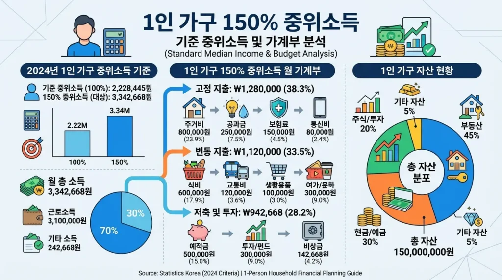 소득, 자산, 1인 가구 예산을 나타내는 상세한 재무 차트와 아이콘이 있다. 깔끔한 배경에 한국어로 '중위소득의 150%'라는 문구가 선명하게 보인다.