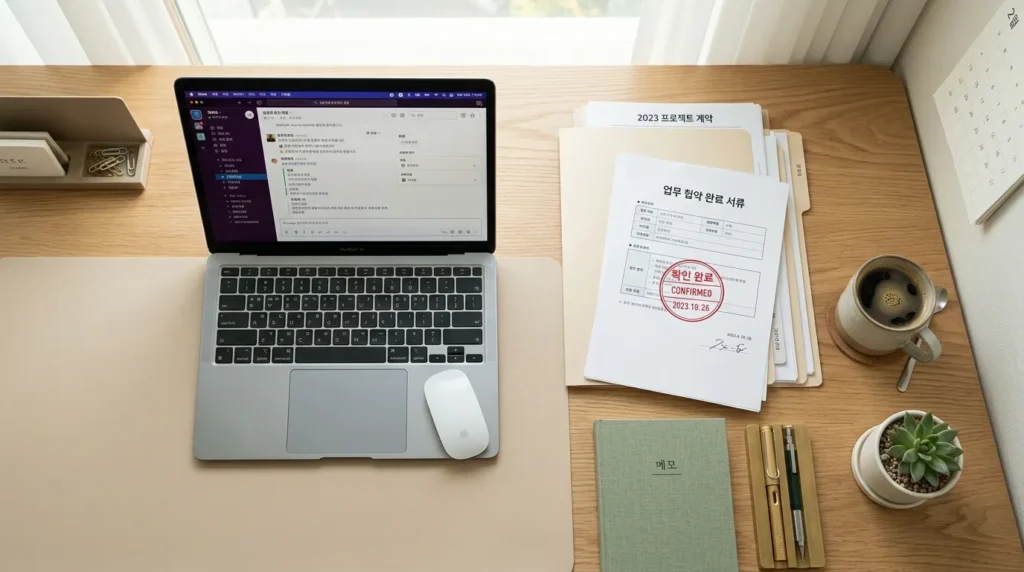 정리된 서류, 노트북, 커피 한 잔이 놓인 플랫 레이 사진이다. 한 서류에는 한국어로 '확인됨' 도장이 찍혀 있다. 한국 직장인의 깔끔하고 미니멀한 작업 공간을 보여준다.