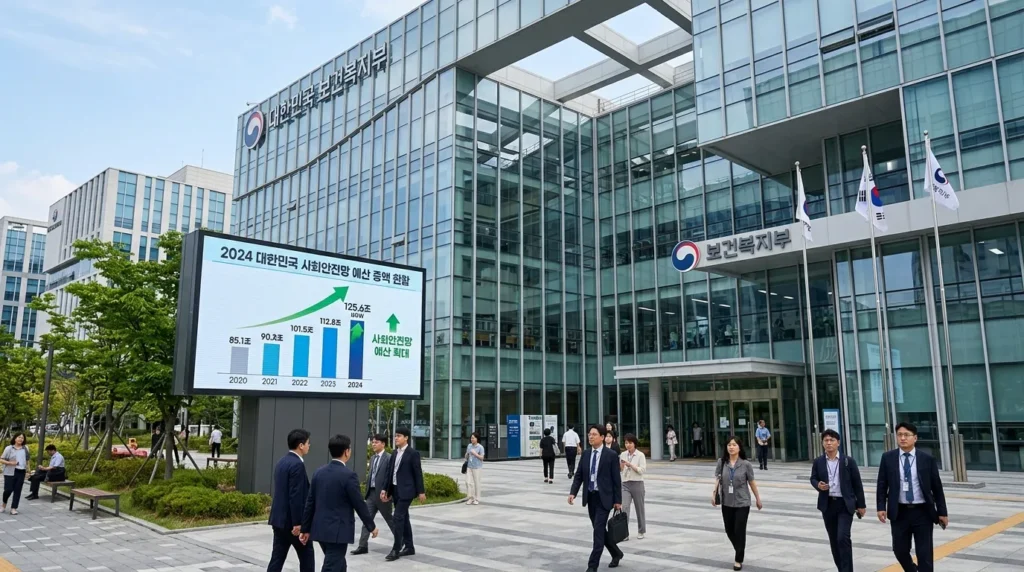 현대적인 유리 외관을 가진 전문적인 한국 정부 청사가 투명성과 복지 정책을 상징합니다. 전경의 디지털 화면에는 사회 안전망 예산의 증가 추세를 보여주는 차트가 표시되어 있습니다. 공식적이고 신뢰감 있는 분위기입니다.