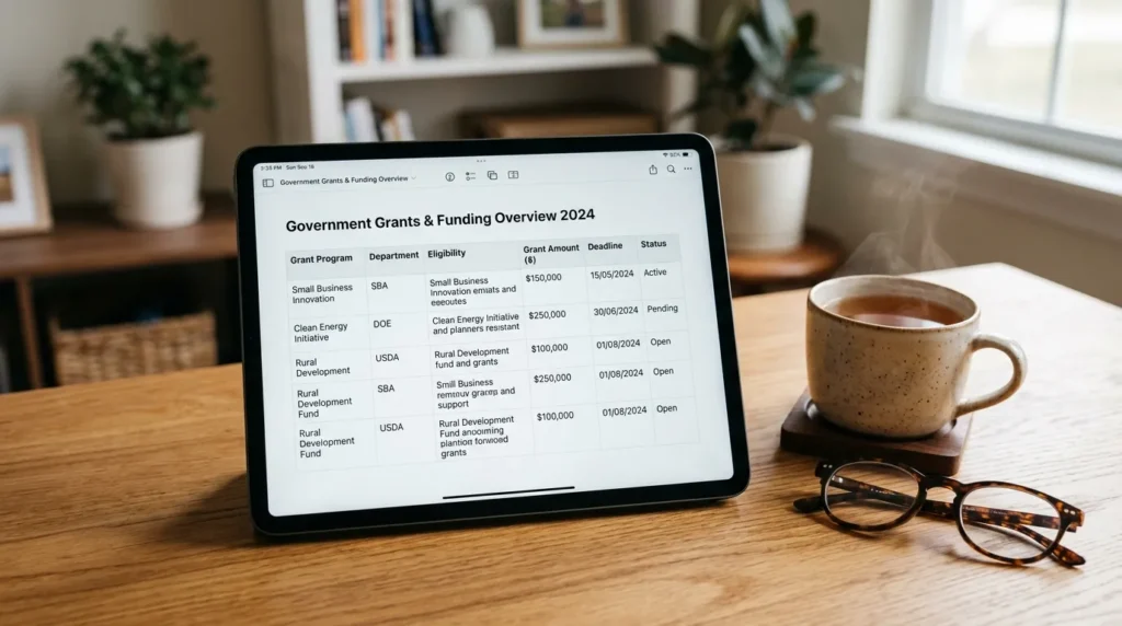 정부 지원금에 대한 상세한 재정표를 보여주는 깔끔하고 현대적인 디지털 태블릿의 고화질 클로즈업 사진입니다. 태블릿 옆에는 따뜻한 차 한 잔과 돋보기가 놓여 있어 차분한 재정 계획 분위기를 자아냅니다.