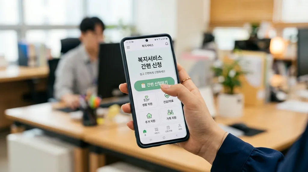 스마트폰 화면에 나타난 한국 복지 서비스의 깔끔하고 사용하기 쉬운 모바일 앱 인터페이스입니다. 한 사람이 스마트폰을 들고 '간편 신청' 버튼을 보여주고 있습니다. 배경은 부드러운 초점의 사무실 풍경입니다.