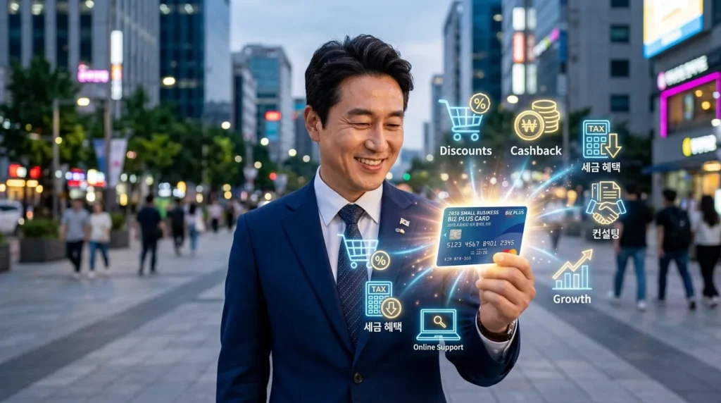 2026 소상공인 비즈플러스카드 디자인을 보여주는 손 안에 들린 카드가 빛을 발하며, 카드 주변에는 할인, 캐시백, 세금 감면, 컨설팅 등 다양한 혜택을 상징하는 아이콘들이 홀로그램처럼 떠다니는 모습. 한국인 비즈니스맨이 카드를 응시하며 미소 짓고 있다.