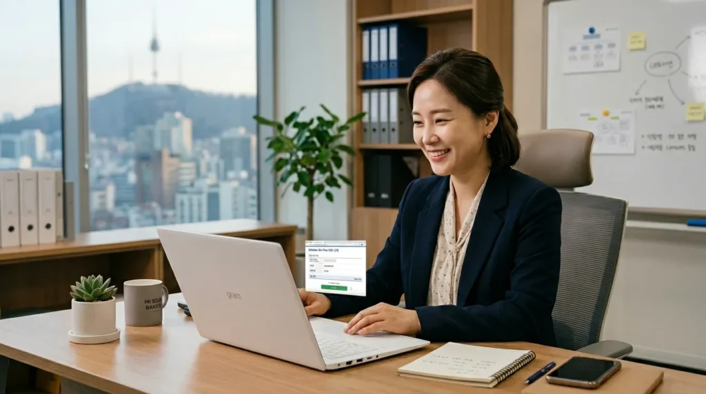 한국인 소상공인이 깔끔한 사무실에서 노트북을 이용해 온라인으로 비즈플러스카드를 신청하는 모습. 화면에는 간단하고 직관적인 신청 양식이 표시되어 있으며, 소상공인은 만족스러운 표정을 짓고 있다.