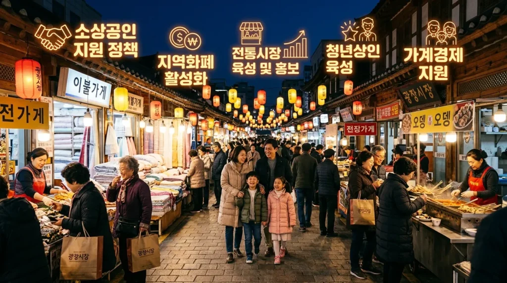 활기찬 한국 전통 시장의 전경. 다양한 상점들이 불을 밝히고 있으며, 가족 단위의 고객들이 즐겁게 쇼핑하는 모습. 시장 위로는 정부 지원 정책을 상징하는 다양한 문구와 아이콘들이 떠다니는 모습.