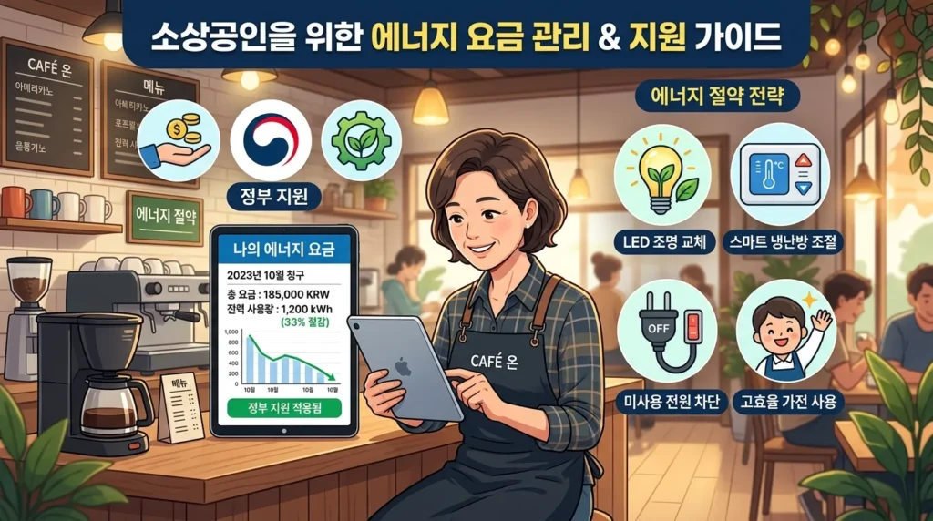 전문적인 인포그래픽으로, 한국의 한 소규모 카페 사장이 태블릿으로 디지털 에너지 요금 고지서를 확인하는 모습을 보여줍니다. 정부 지원 및 저에너지 소비를 나타내는 아이콘들이 표시되어 있습니다.