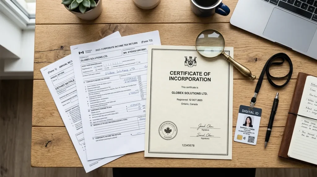 깔끔한 나무 책상 위에 사업자 등록증, 세금 신고서, 디지털 신분증 등 정리된 사업 관련 서류들이 돋보기와 함께 놓여 있습니다.