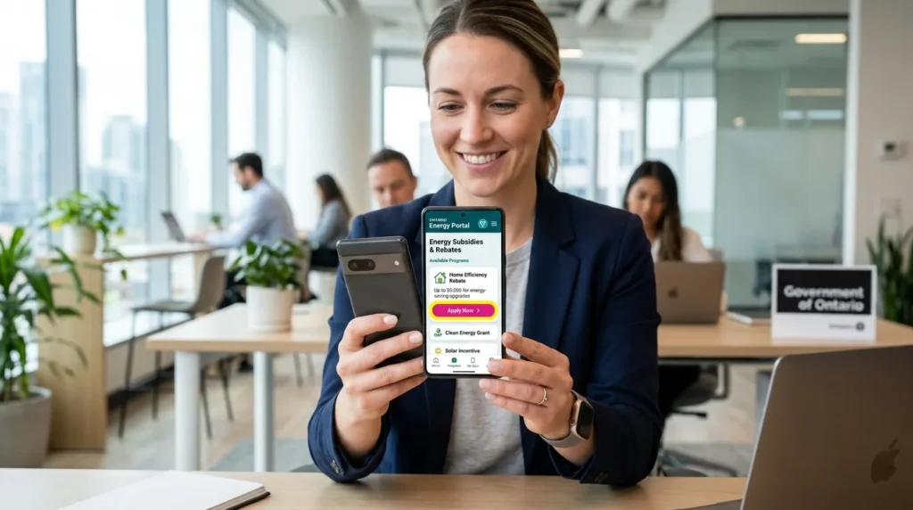 밝은 사무실에서 한 사람이 에너지 보조금 신청 버튼이 있는 정부 모바일 앱을 들고 있는 모습입니다. 깔끔하고 현대적인 사용자 인터페이스를 보여줍니다.