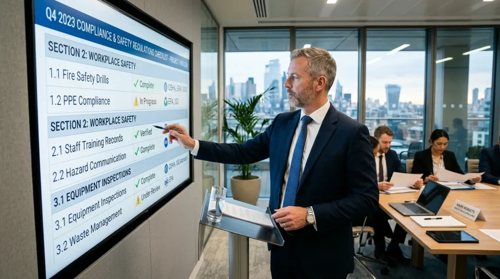 전문적인 사업가가 현대적인 회의실의 대형 스크린에 표시된 규정 준수 및 안전 수칙 체크리스트를 검토하고 있습니다.