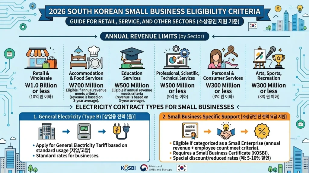 2026년 한국 중소기업 지원 자격 기준(매출 한도 및 전기 계약 유형 포함)을 자세히 보여주는 인포그래픽. 다양한 소매 및 서비스 업종을 나타내는 아이콘을 사용하여 깔끔하게 디자인되었다.