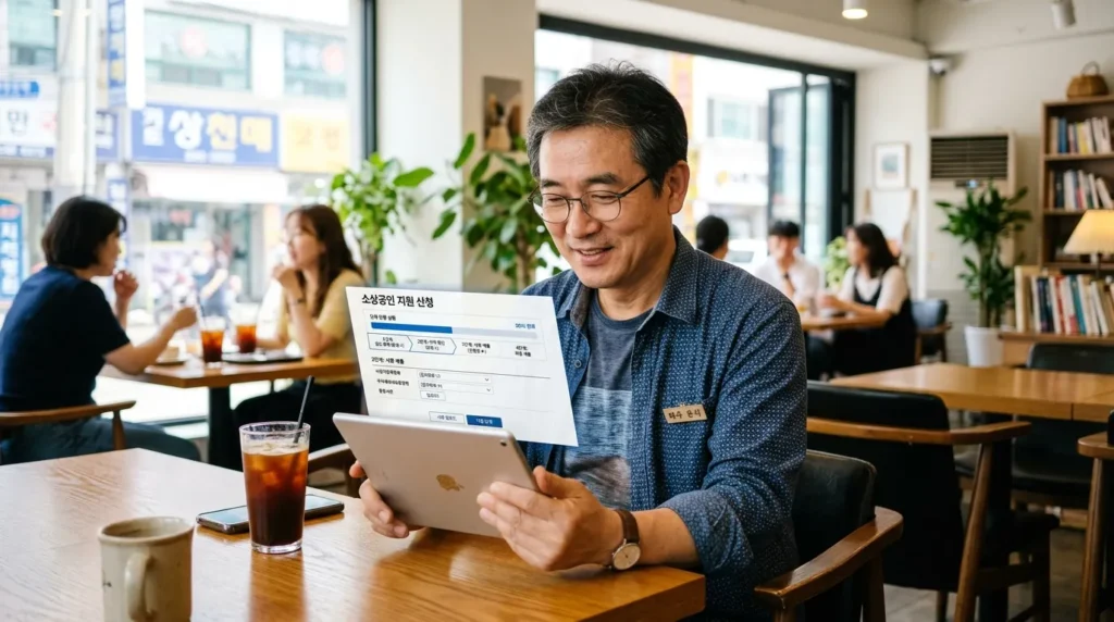 밝은 조명의 카페에 앉아 태블릿으로 정부 공식 신청 포털을 이용하는 중년의 한국 중소기업 사장. 태블릿 화면에는 진행률 표시줄이 있는 사용자 친화적인 인터페이스가 표시되어 있다.