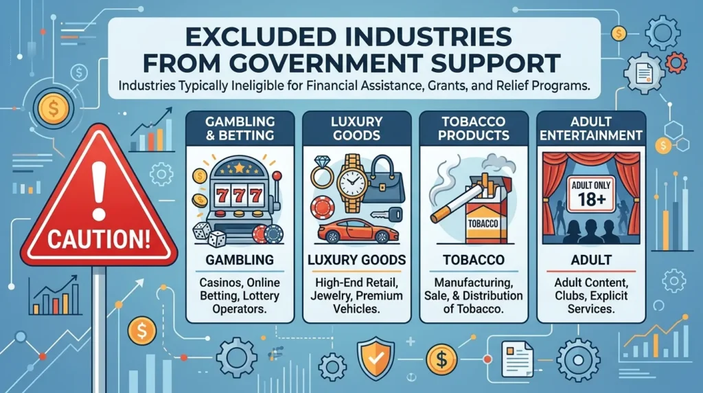 정부 지원 대상에서 제외되는 업종을 나타내는 명품과 도박 기계 아이콘 옆에 빨간색 '주의' 표시가 있는 콘셉트 일러스트. 전체적으로 전문적이고 정보 전달력이 뛰어난 디자인이다.