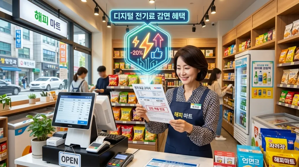 현대적인 소매점 환경에서 디지털 구제 아이콘이 머리 위에 있는 가운데, 한국의 한 상점 주인이 전기 요금 고지서를 보고 있는 모습을 전문적으로 표현한 인포그래픽입니다.