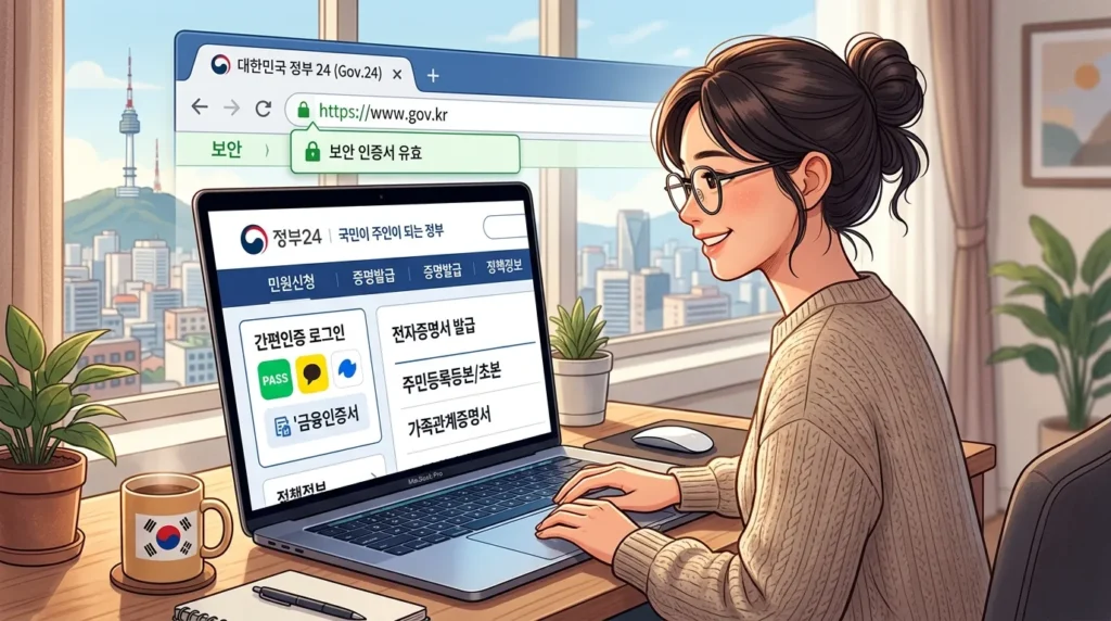 보안 인증서와 사용하기 쉬운 UI 요소들이 잘 보이는 한국 사용자가 노트북으로 정부 공식 포털을 탐색하는 모습을 고품질 디지털 일러스트레이션으로 표현했습니다.