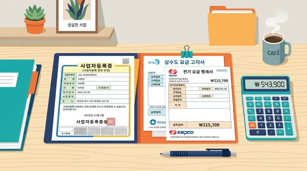 캘리포니아 책상 위에 계산기 옆에 사업자 등록증과 공과금 고지서 등 한국의 비즈니스 관련 서류들이 정리되어 있는 모습을 플랫 디자인으로 표현한 일러스트레이션입니다.