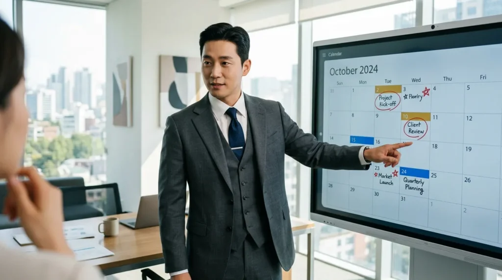 정장을 입은 한국 남성 컨설턴트가 중요한 날짜가 표시된 디지털 달력을 가리키는 모습을 보여주는 컨설팅 장면입니다.