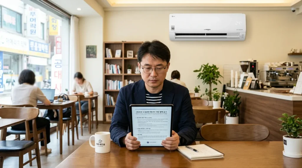 2026년 소상공인 에너지 지원 정책 현황 - 한국인 소상공인이 깔끔하게 정리된 카페 내부에서 태블릿 PC를 통해 정부의 에너지 지원 정책 공고를 진지하게 읽고 있는 모습. 배경에는 에너지 효율 등급이 높은 에어컨이 설치되어 있음.