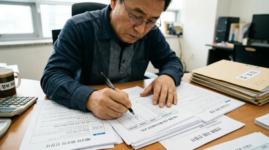 지원 항목별 중복 신청 제한 원칙 - 책상 위에 여러 장의 정부 지원 서류와 체크리스트가 놓여 있고, 한 한국인 남성이 펜으로 중복 여부를 꼼꼼히 체크하는 근접 촬영 사진. 서류에는 '에너지 지원' 관련 문구가 한글로 적혀 있음.