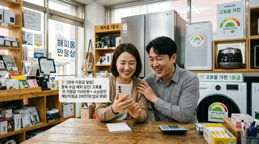 중복 수혜 가능 예외 상황 분석 - 밝고 희망찬 분위기의 한국인 소상공인 부부가 상점 안에서 스마트폰을 함께 보며 정부 지원 혜택을 동시에 두 가지나 받게 되어 기뻐하는 모습. 배경에는 최신형 고효율 가전제품이 보임.