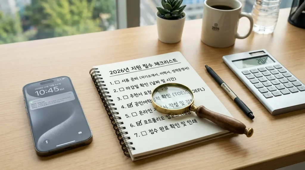 2026년 신청 시 반드시 확인해야 할 체크리스트 - 깔끔한 사무실 책상 위에 스마트폰, 계산기, 메모장이 놓여 있고, 메모장에는 한글로 된 체크리스트 항목들이 적혀 있는 모습. 돋보기가 놓여 있어 세심한 확인을 상징함.