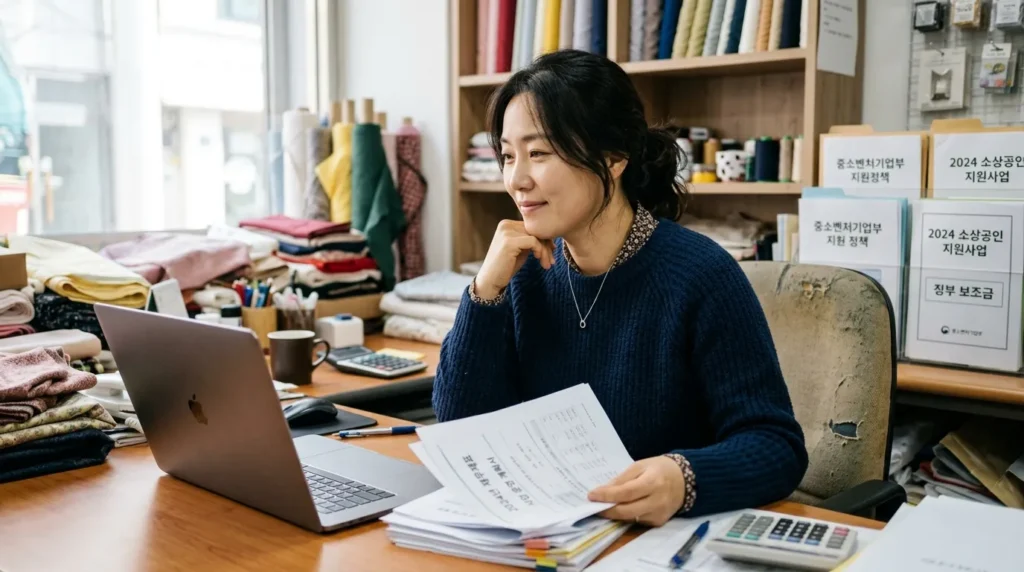 2026년 달력과 함께 고민하는 한국인 소상공인 여성이 재무 서류를 들고 앉아 있는 모습, 희망찬 표정으로 컴퓨터 화면을 보고 있다. 배경에는 정부 정책 관련 문서들이 희미하게 보인다.