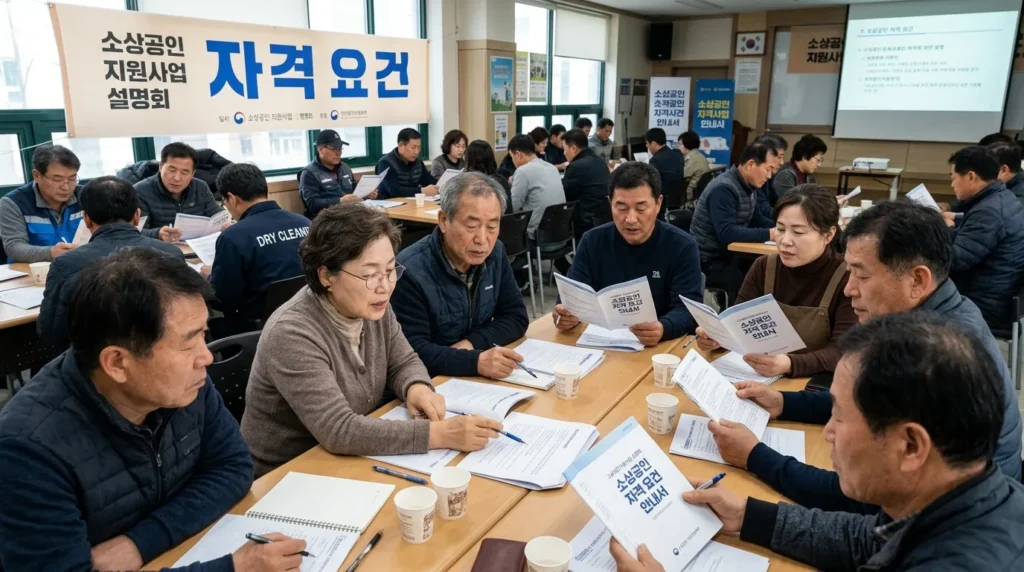 다양한 업종의 한국인 소상공인들이 모여 자격 요건 안내서를 주의 깊게 읽고 서로 의견을 나누는 모습. 뒤편에는 '지원 자격'이라는 한글 단어가 쓰인 배너가 보인다.