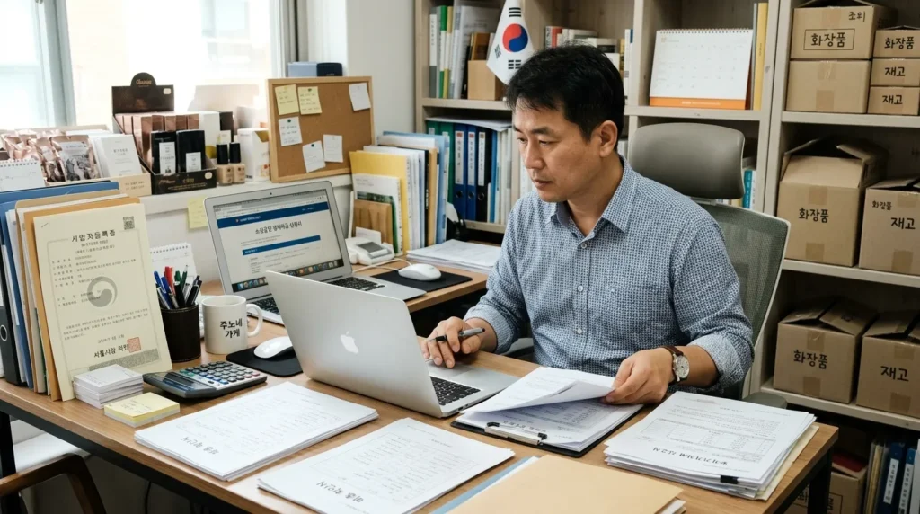 한국인 소상공인 남성이 온라인 신청서 양식을 보며 노트북 앞에서 필요한 서류들을 정리하고 있는 모습. 주변에는 사업자등록증, 매출 증명서류 등이 깔끔하게 정돈되어 있다.