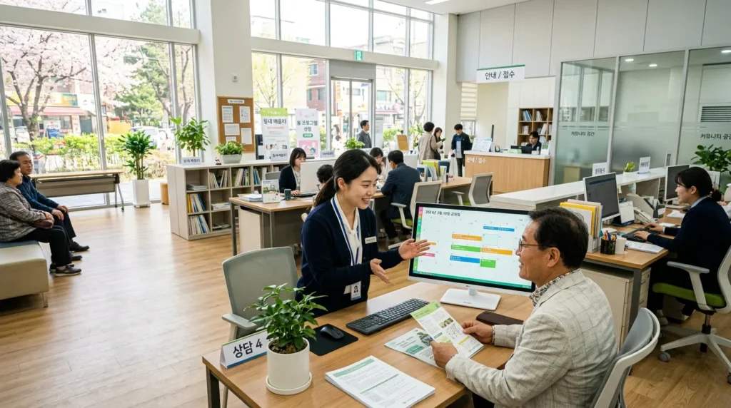 봄날, 현대적인 한국 커뮤니티 센터 사무실의 넓은 전경을 담은 사진입니다. 전문 직원이 중년의 한국인에게 디지털 달력을 설명하고 있습니다. 밝고 친절한 분위기가 느껴집니다.