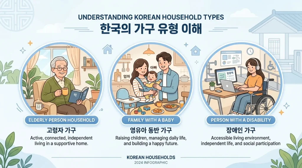 다양한 한국 가구 유형을 보여주는 깔끔한 인포그래픽 스타일의 일러스트입니다. 노인, 아기가 있는 가족, 장애인 등이 부드러운 파란색 원 안에 표시되어 있습니다.