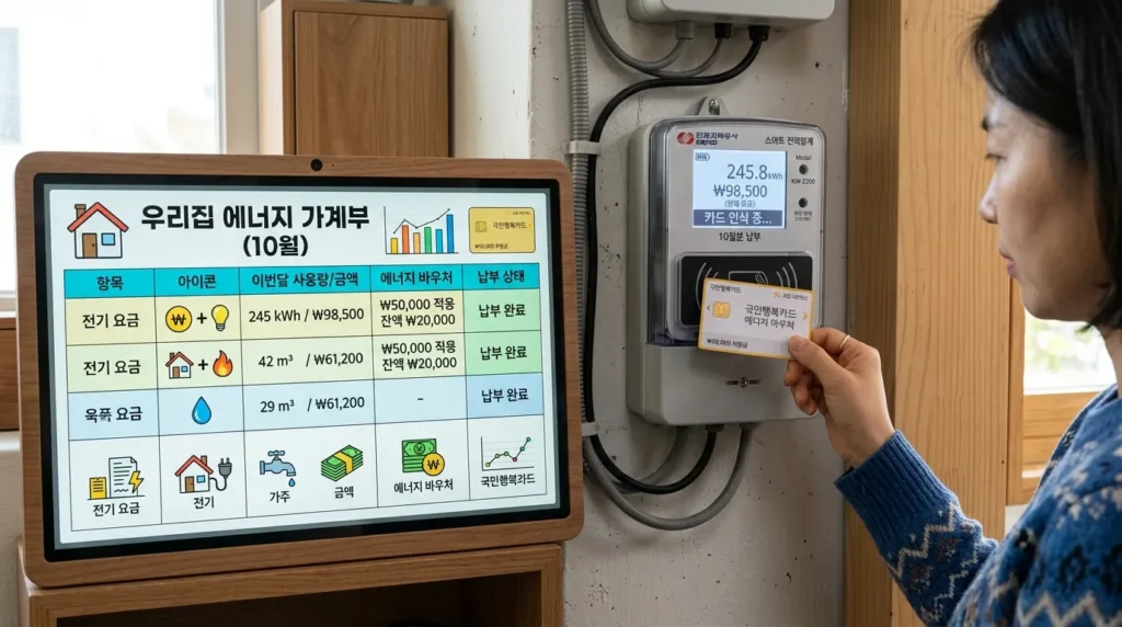한국 화폐(원화)와 가구 유형을 보여주는 상세한 디지털 표입니다. 한국인의 손이 스마트 전기 계량기 앞에서 디지털 에너지 카드(국민행복카드)를 들고 있습니다.