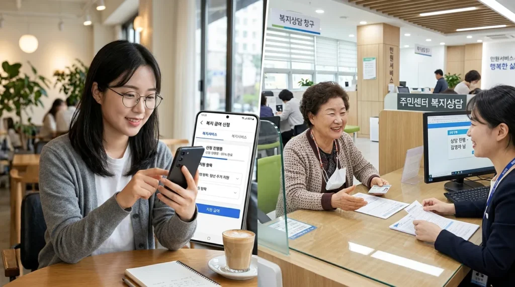 왼쪽에는 세련된 스마트폰 앱으로 복지 혜택을 신청하는 한국 여성이, 오른쪽에는 깔끔하고 현대적인 관공서 창구에서 직원과 이야기하며 미소 짓는 노년의 한국인이 보이는 분할 화면입니다.