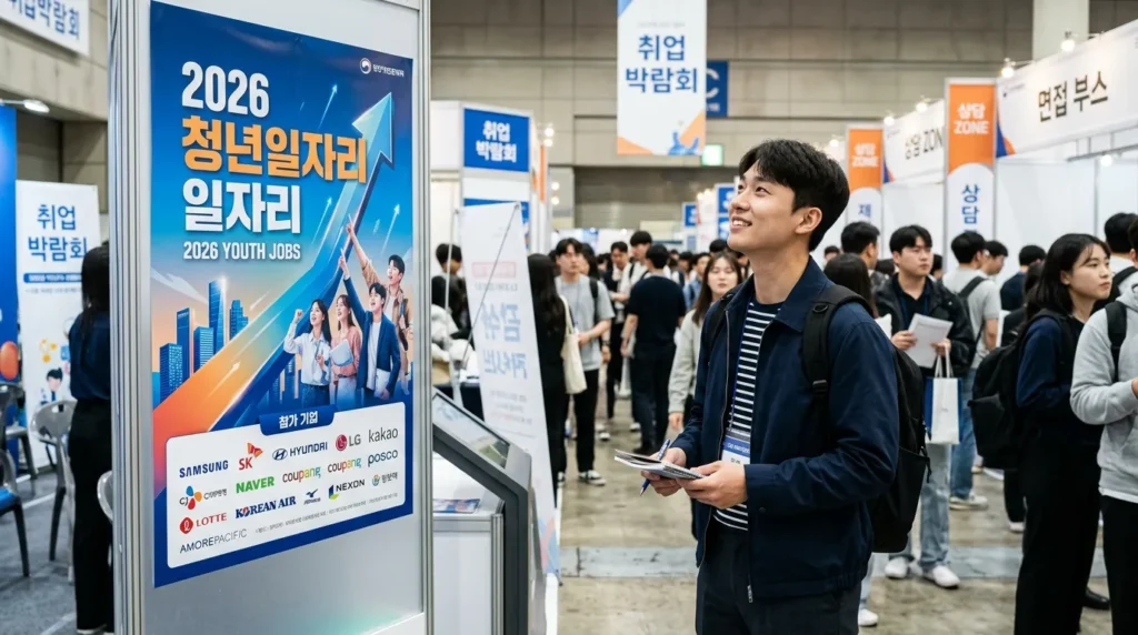 한 한국인 청년이 희망찬 표정으로 '2026 청년 일자리'라고 쓰인 채용 박람회 포스터를 바라보는 모습, 다양한 회사 로고와 함께 미래 지향적인 디자인.