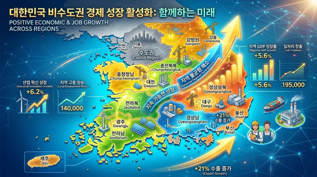 대한민국 지도 위에 수도권 외 지방 지역들이 밝게 강조되어 있고, 경제 성장과 일자리 창출을 나타내는 차트와 화살표가 겹쳐진 모습, 역동적이고 긍정적인 분위기.