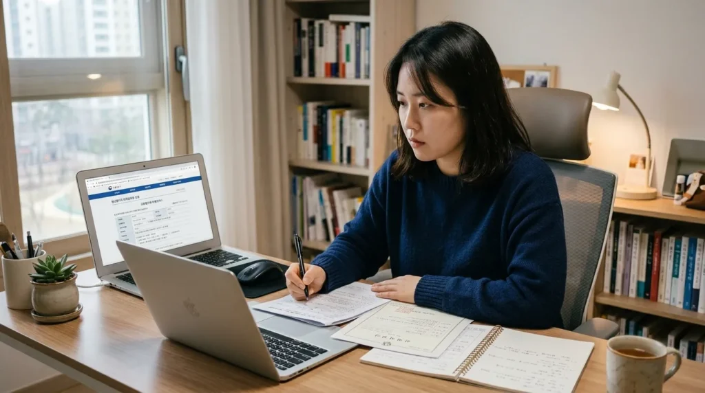한 한국인이 책상에 앉아 '청년 일자리도약 장려금 신청'이라고 적힌 온라인 신청 양식이 보이는 노트북 화면을 진지하게 들여다보고 있으며, 서류와 펜이 옆에 놓여 있는 모습, 깔끔하고 집중된 분위기.