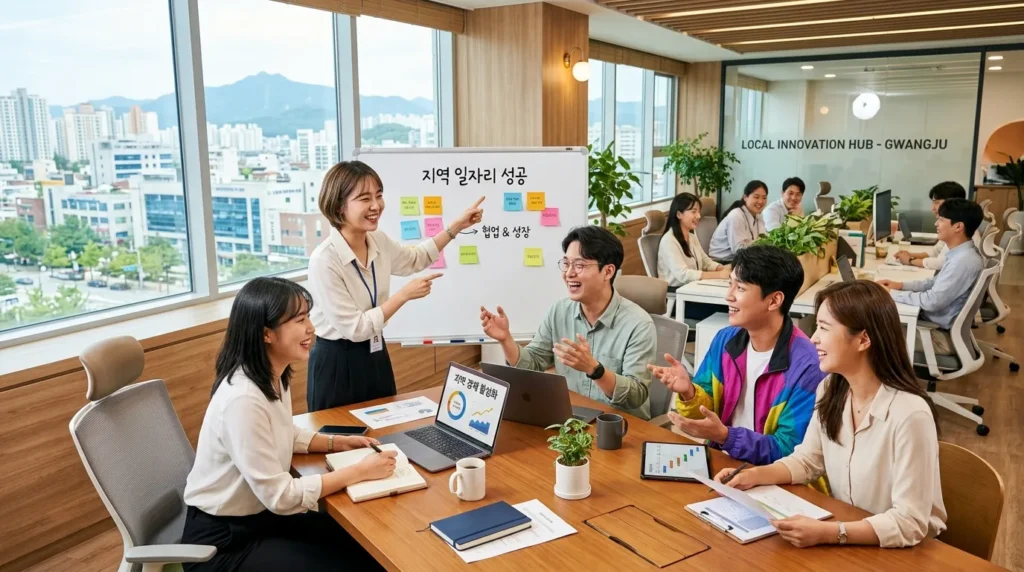 다양한 한국인 청년 전문직들이 활기차게 협력하며 지역 도시의 현대적이고 밝은 사무실에서 일하는 모습, 성공적인 지방 고용과 경제 활성화를 상징하는 희망찬 장면.