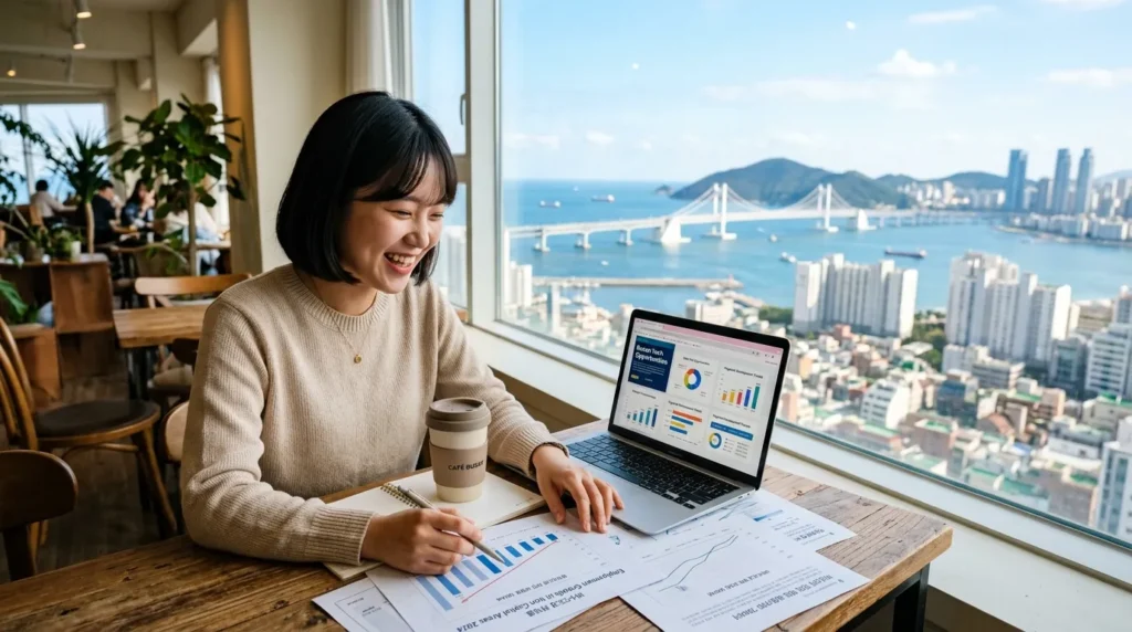 한국의 젊은 남성 또는 여성이 노트북 앞에서 밝게 웃으며 일자리 관련 서류와 그래프를 보고 있는 모습, 뒤로는 활기찬 비수도권 도시 풍경이 보인다.