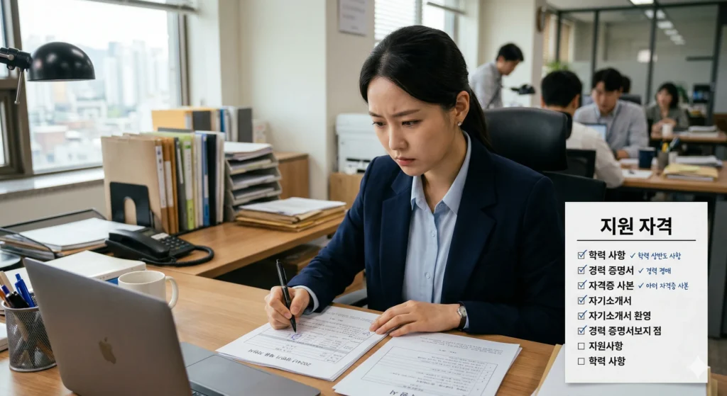 진지한 표정의 젊은 한국인 남성 또는 여성이 서류를 꼼꼼히 검토하는 모습, 옆에는 '지원 자격'이라고 쓰인 체크리스트가 있다.