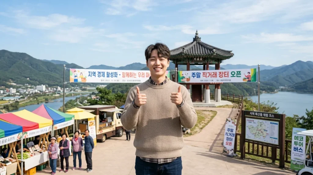 밝은 미소를 띠고 있는 한국인 청년이 비수도권 지역의 랜드마크 앞에서 양손 엄지를 치켜세우고 있는 모습. 주변에는 지역 경제 활성화를 상징하는 긍정적인 요소들이 배치되어 있다.