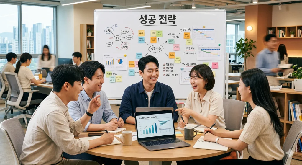 한국인 청년이 성공적으로 취업에 성공하여 직장에서 활기차게 동료들과 협력하며 업무를 수행하는 모습. 그들의 뒤로는 '성공 전략'이라는 문구가 보이는 보드가 있다.