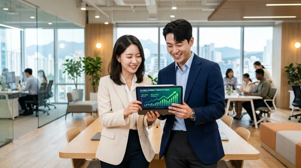 현대적이고 깔끔한 사무실 배경 앞에서 디지털 태블릿에 표시된 재무 그래프를 보고 있는 젊은 한국 전문직 남녀. 긍정적인 분위기가 느껴집니다.