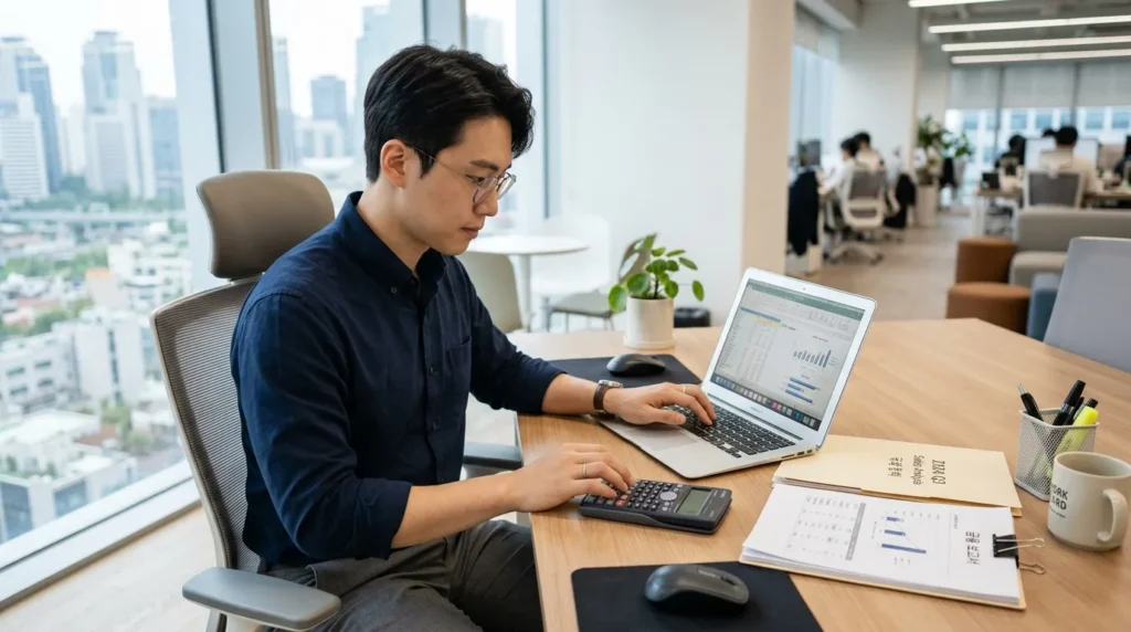 깔끔한 책상에 앉아 노트북과 계산기를 사용하는 젊은 한국 전문직 남성. 집중하는 표정. 옆에는 정리된 서류가 놓여 있습니다.