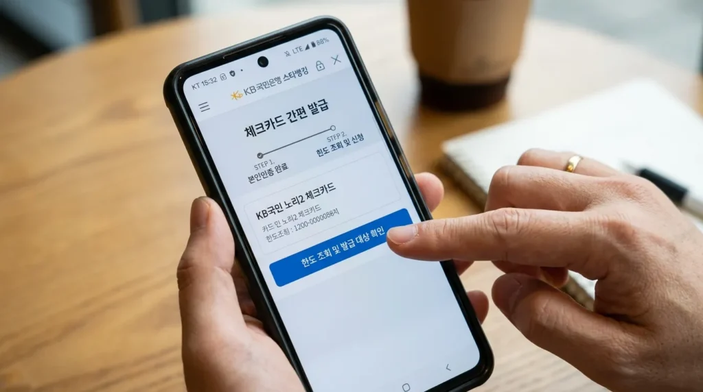 한국어로 된 안전한 은행 애플리케이션이 표시된 스마트폰 화면 클로즈업. 손이 '자격 확인' 버튼을 가리키고 있습니다.