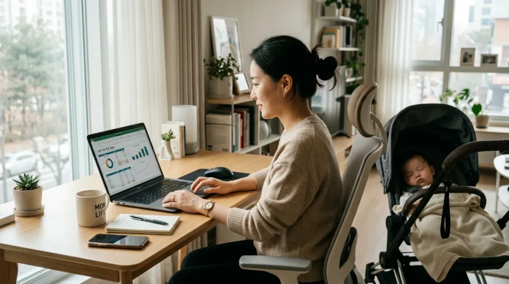 깔끔하고 모던한 책상에 노트북과 유모차가 놓인 채 앉아 화면 속 재정 계획에 집중하고 있는 한국의 젊은 전문직 부모. 은은한 자연광이 비추는 고화질의 사실적인 이미지.