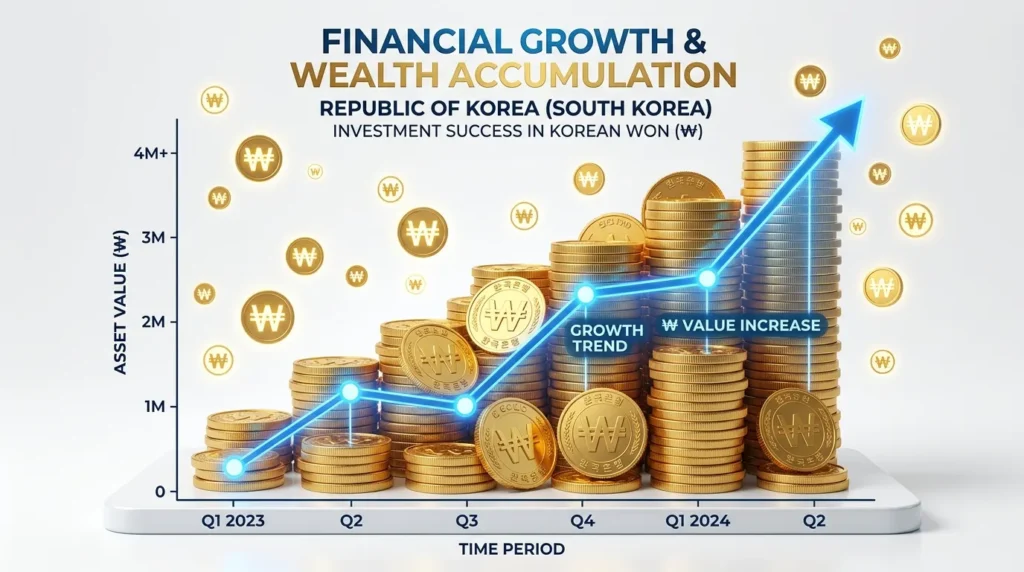 금화가 쌓여가는 모습을 보여주는 정교한 3D 인포그래픽. 파란색 그래프는 성장세를 나타내고, 원화 기호로 둘러싸여 있다. 깔끔한 흰색 배경. 전문적인 재정 이미지.