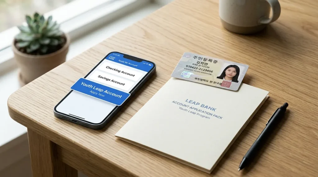 스마트폰 화면에 '청춘 도약 계좌' 신청 버튼이 보인다. 나무 테이블 위에는 한국 신분증과 서류철이 놓여 있다. 고화질의 미니멀한 이미지.