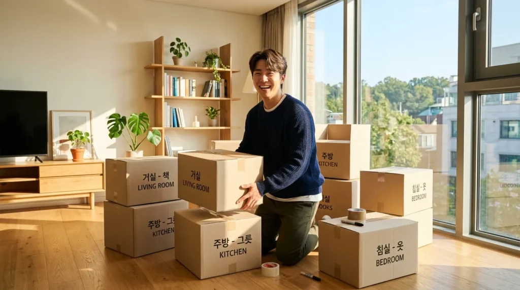 깨끗하고 세련된 인테리어의 새 집에서 한국인 청년이 이삿짐 상자를 정리하며 밝게 웃고 있는 모습, 창밖으로 따스한 햇살이 비치는 풍경