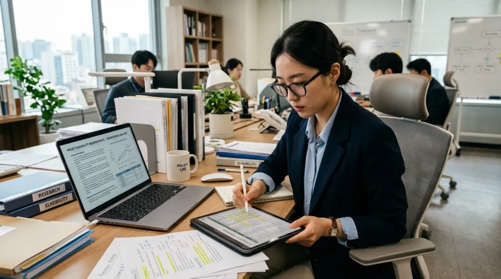 책상 위에서 태블릿과 노트북을 이용해 정책 자격 요건을 꼼꼼히 검토하고 있는 안경 쓴 한국인 청년 전문가의 모습, 분석적인 분위기